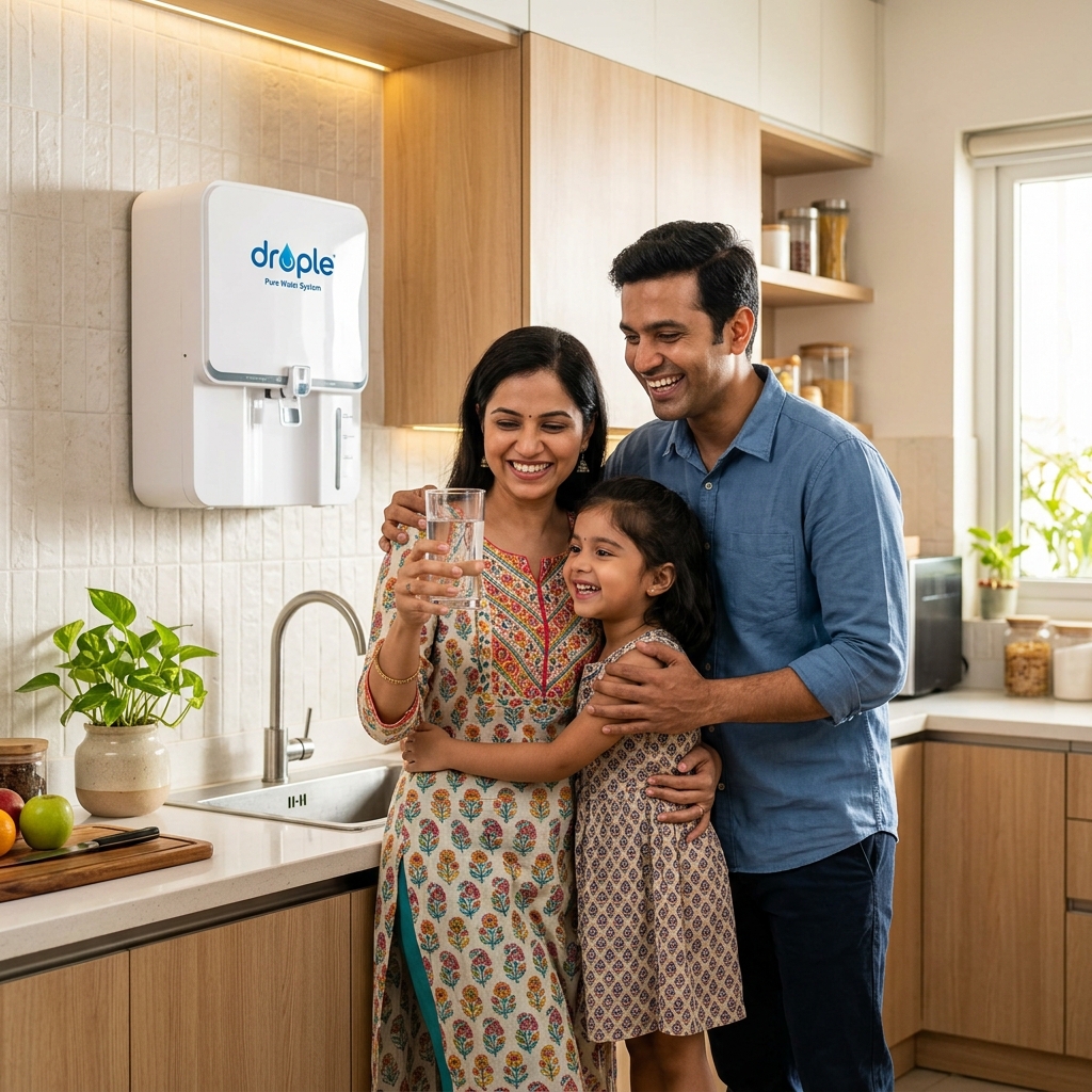 Happy family drinking Drople pure water