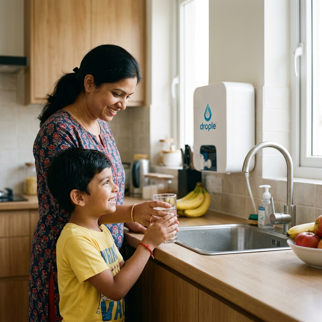 Mother giving pure water to child